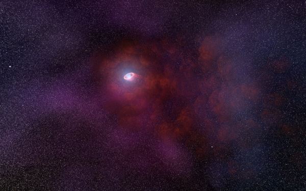 중성자 별에서 나온 유출입자와 성간사이의 기체물질과의 상호작용에 의해 생성된 맥동성 성운(pulsar wind nebula)의 상상도 출처 - NASA