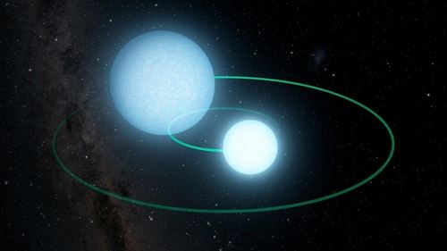 백색왜성 이중성계 'ZTF J1539+5027' 상상도 안쪽의 작고 밝은 별이 고밀도의 주별이며, 바깥쪽이 짝별이다. [Caltech/IPAC 제공]