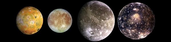 [사진 : 갈릴레오 4대위성(이오, 에우로파, 가니메데, 칼리스토 순서) (Credit : NASA/JPL/DLR) ]