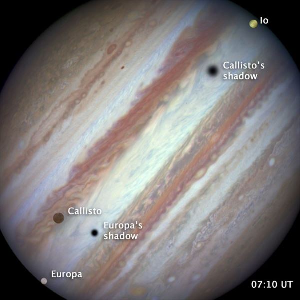 [사진 : 목성의 세 위성이 동시에 만들어낸 식 현상 (Credit : NASA, HST) ]